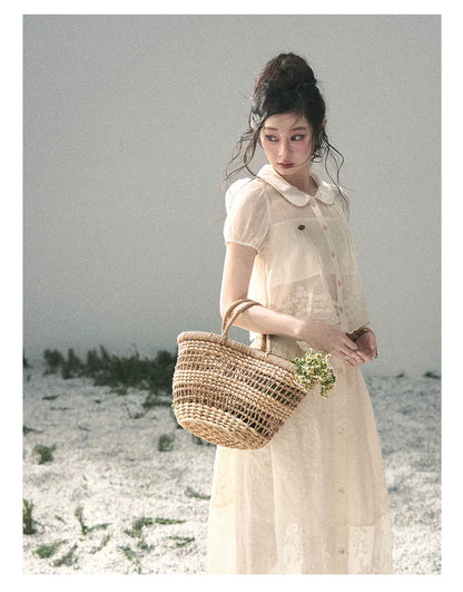 "Apricot Blossom After Rain" Dutch Cheese Lace Blouse & Maxi Skirt Set 532453