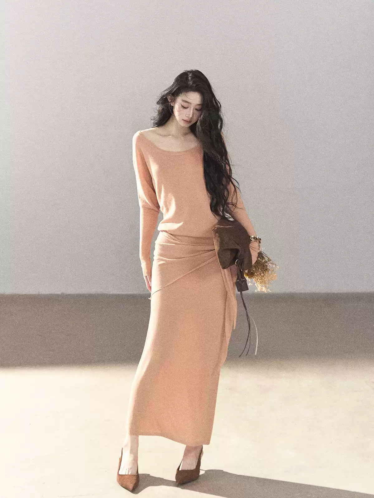 AOMALM - "Under the Sunset" Mauve Linen-Blend Mermaid Dress Set