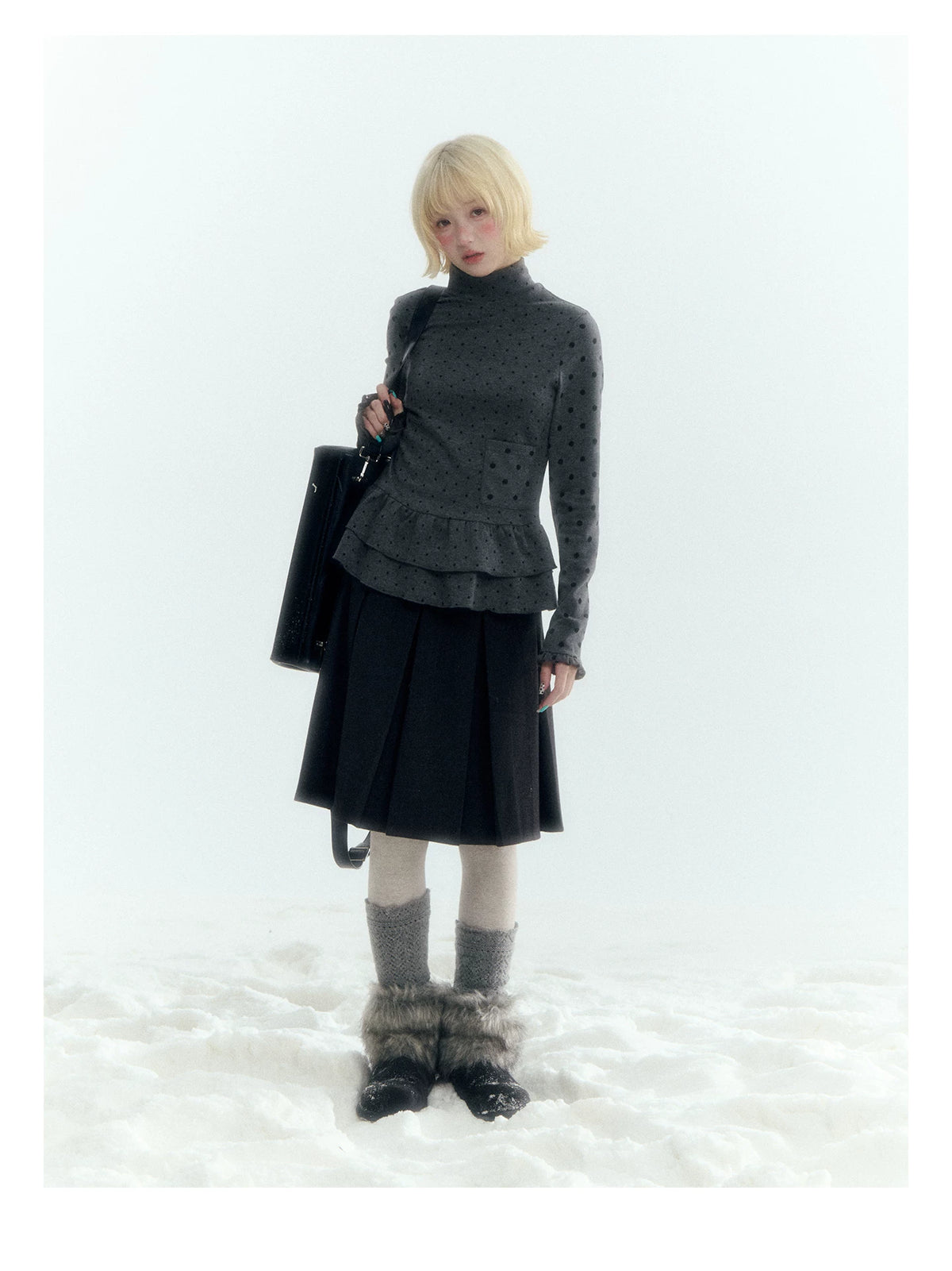 Horridale - Dark Gray Polka Dot Mock Neck Layering Top with Ruffle Hem