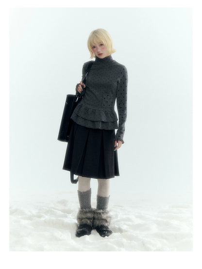 Horridale - Dark Gray Polka Dot Mock Neck Layering Top with Ruffle Hem