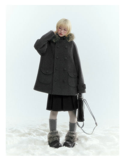 Japanese Hooded Double-Breasted Wool Coat (Deep Charcoal Gray / Taro Purple)