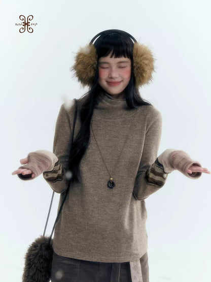 Horridale - Light Brown Colorblock High Cowl Neck Long Sleeve Top