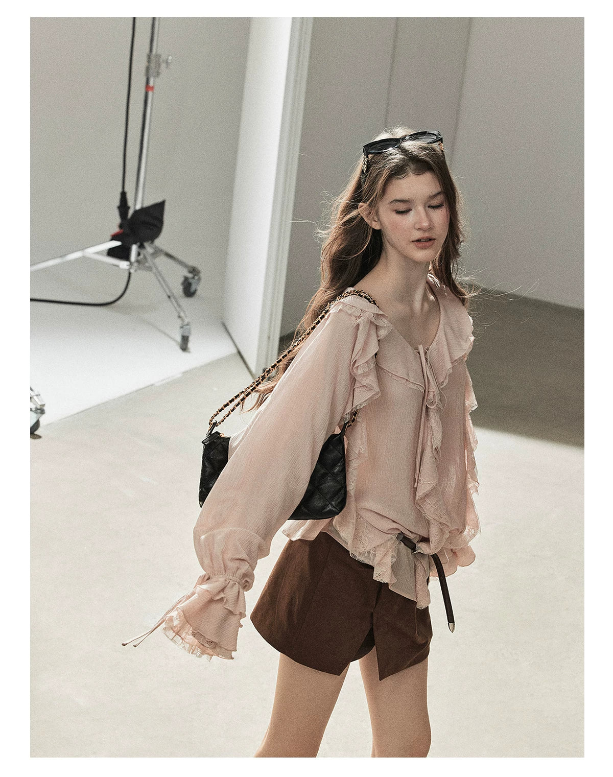 AOMALM - "A Featherlight Touch" French Camellia White Lace Chiffon Top with Belt (Camellia / Oatmeal / Cinnamon Pink)