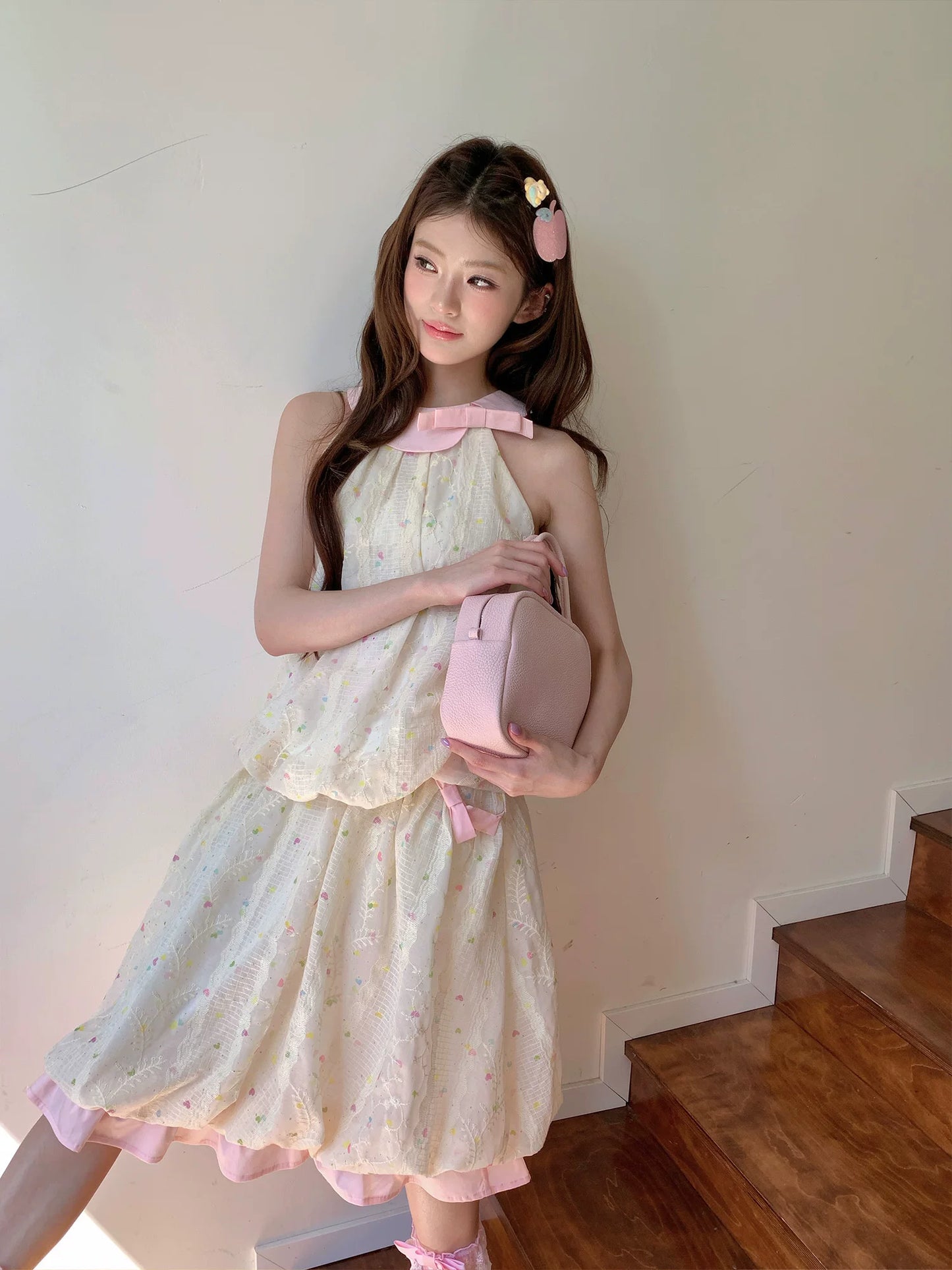 “Peach Cream Brioche” Cream Apricot Floral Bubble Skirt Set