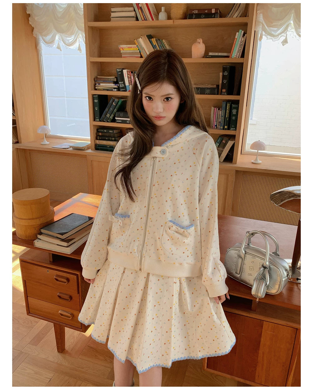“Snow Bunny Reverie” Ivory Rabbit Ear Hoodie & Floral Pleated Mini Skirt