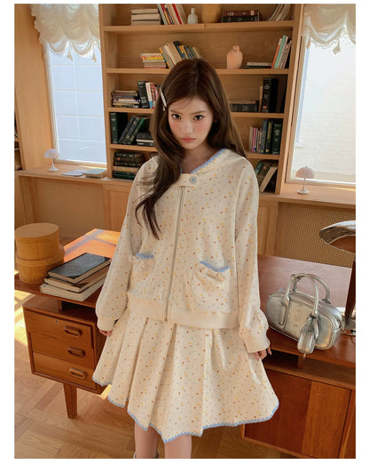 “Snow Bunny Reverie” Ivory Rabbit Ear Hoodie & Floral Pleated Mini Skirt