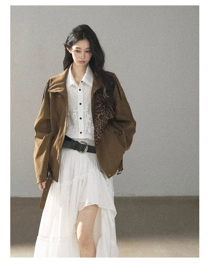 AOMALM - “Acorn & Fallen Leaves” Korean Leopard Print Chestnut Brown Faux Suede Jacket