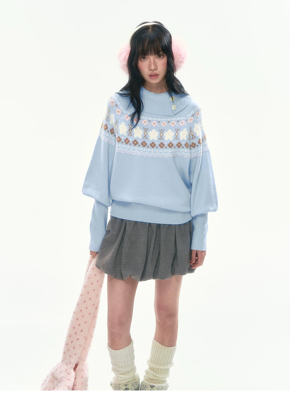 [CAN] Light Blue Floral Fair Isle Knit Sweater