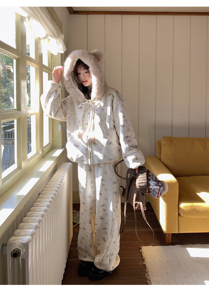阮阮自制 - Honey Bear Ivory Plush Padded Jacket & Fleece Pants Set