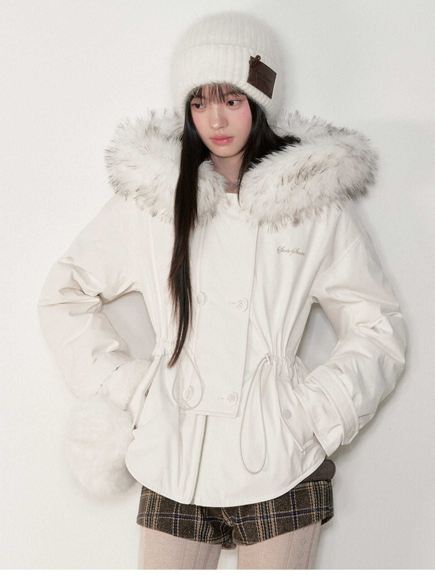 Soote Season - “Cloud Waistline” Cloud Mist White Faux Fur Collar Cinched Puffer Parka