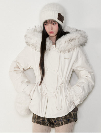 Soote Season - “Cloud Waistline” Cloud Mist White Faux Fur Collar Cinched Puffer Parka