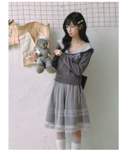 "Sage Whisper" Ethereal Layered Collection (Sailor Knit Sweater / Pleated Midi Skirt / Mesh Overlay Skirt)