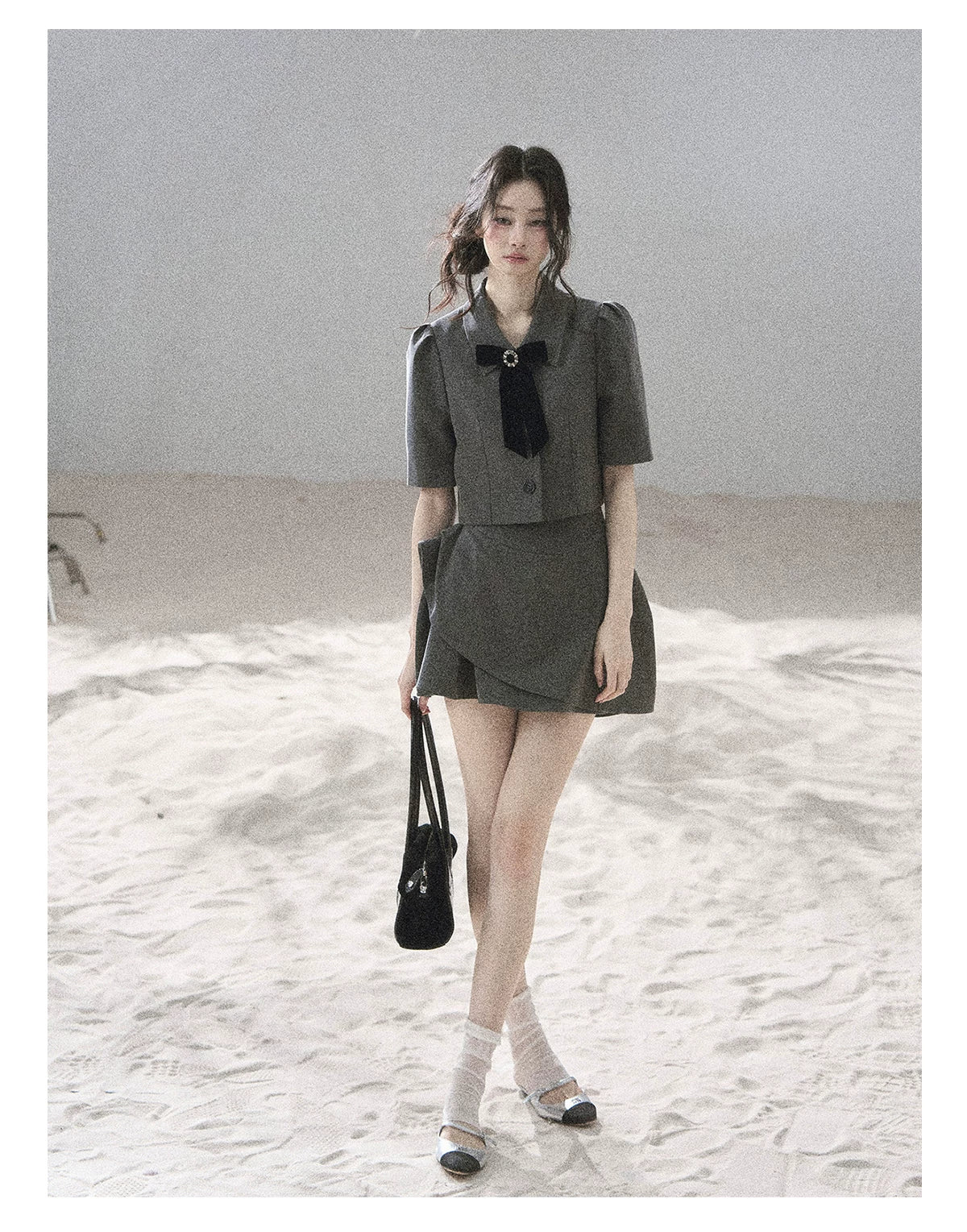 "Paris Afternoon" Slate Gray Bow Top & A-Line Mini Skirt Two-Piece Set