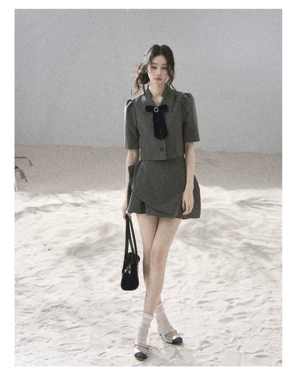 "Paris Afternoon" Slate Gray Bow Top & A-Line Mini Skirt Two-Piece Set