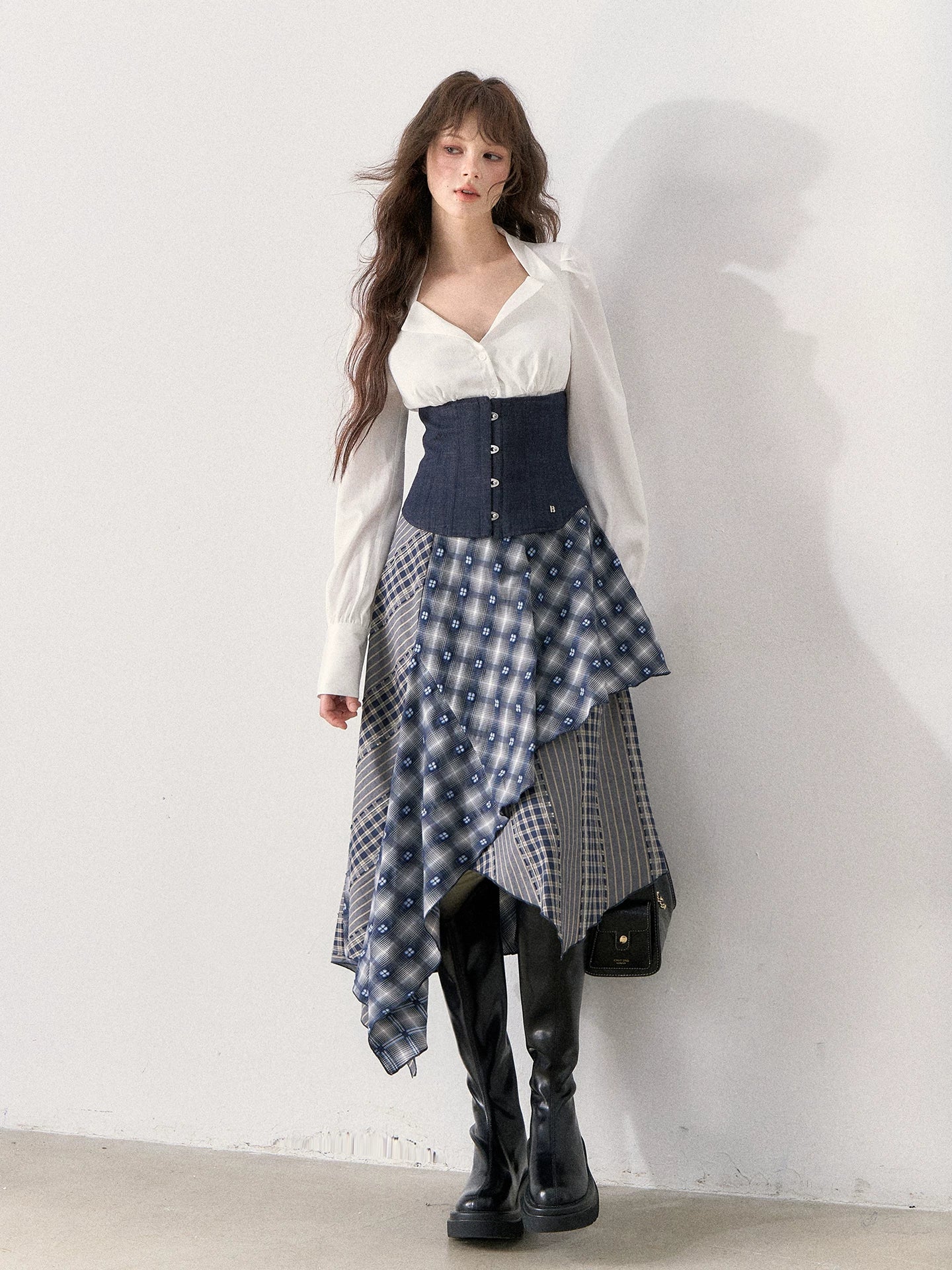 [TMMG] Retro Sweetheart Collar Shirt & Denim Corset Waist Belt Asymmetric Plaid Skirt Set