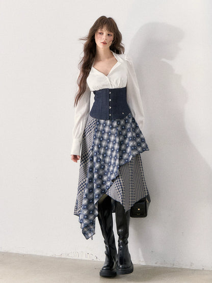 [TMMG] Retro Sweetheart Collar Shirt & Denim Corset Waist Belt Asymmetric Plaid Skirt Set