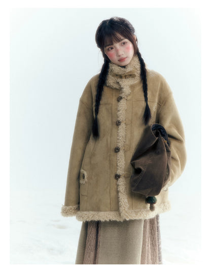 Horridale - Vintage Tan Suede-Effect Sherpa-Lined Stand Collar Jacket