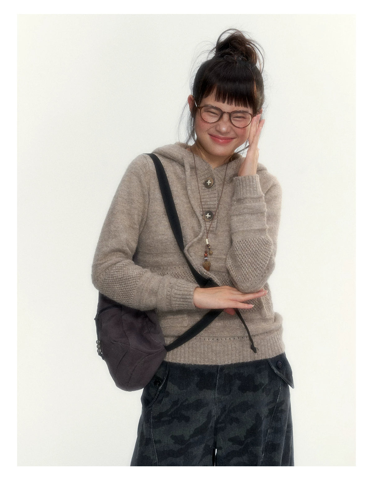 Oatmeal Ribbed-Hem Hooded Knit Sweater