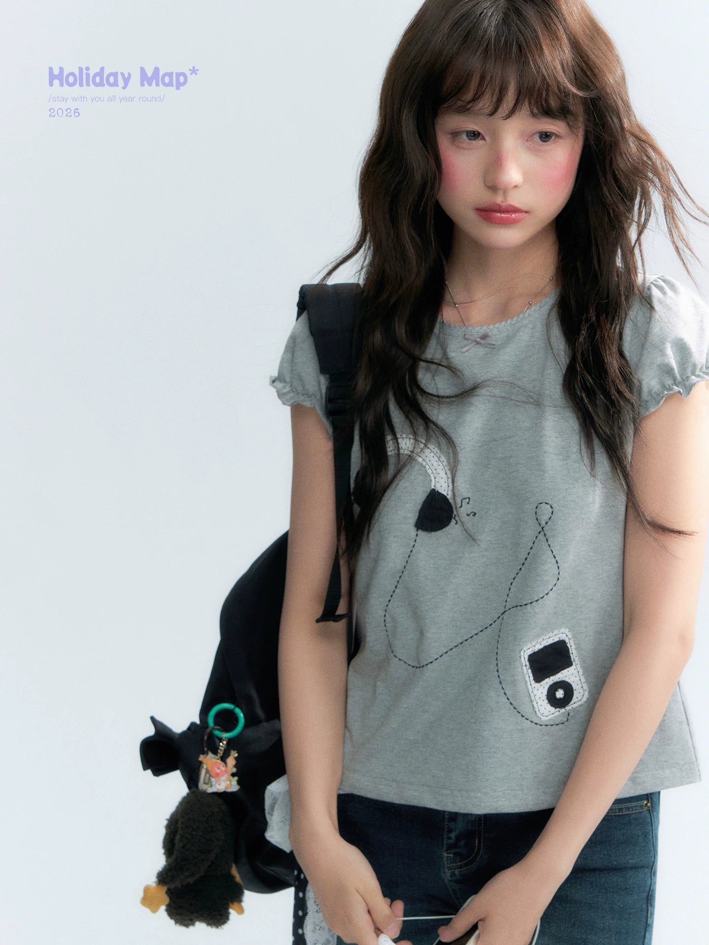 "Walkman Days" Retro Appliqué Puff Sleeve Tee