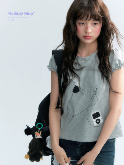 "Walkman Days" Retro Appliqué Puff Sleeve Tee