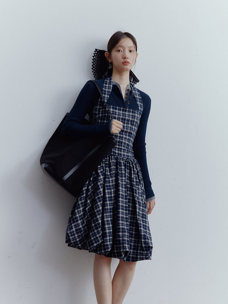 FUSSED Blue Mood Gathered Halter Dress – Dark Night Scottish Plaid FOF-25SS154