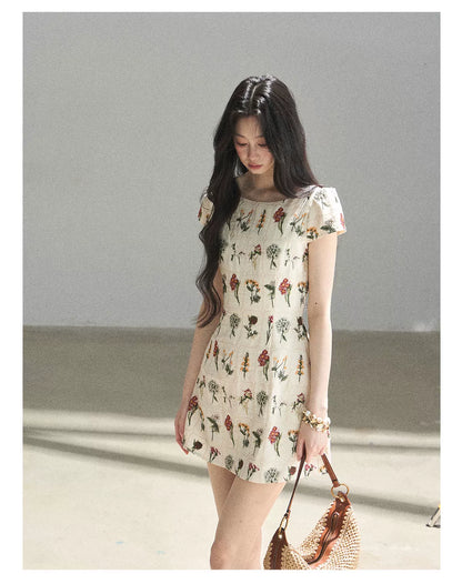 "Wildflower Daydream" Dutch Cream Embroidered Mini Dress - Short Sleeve 45684