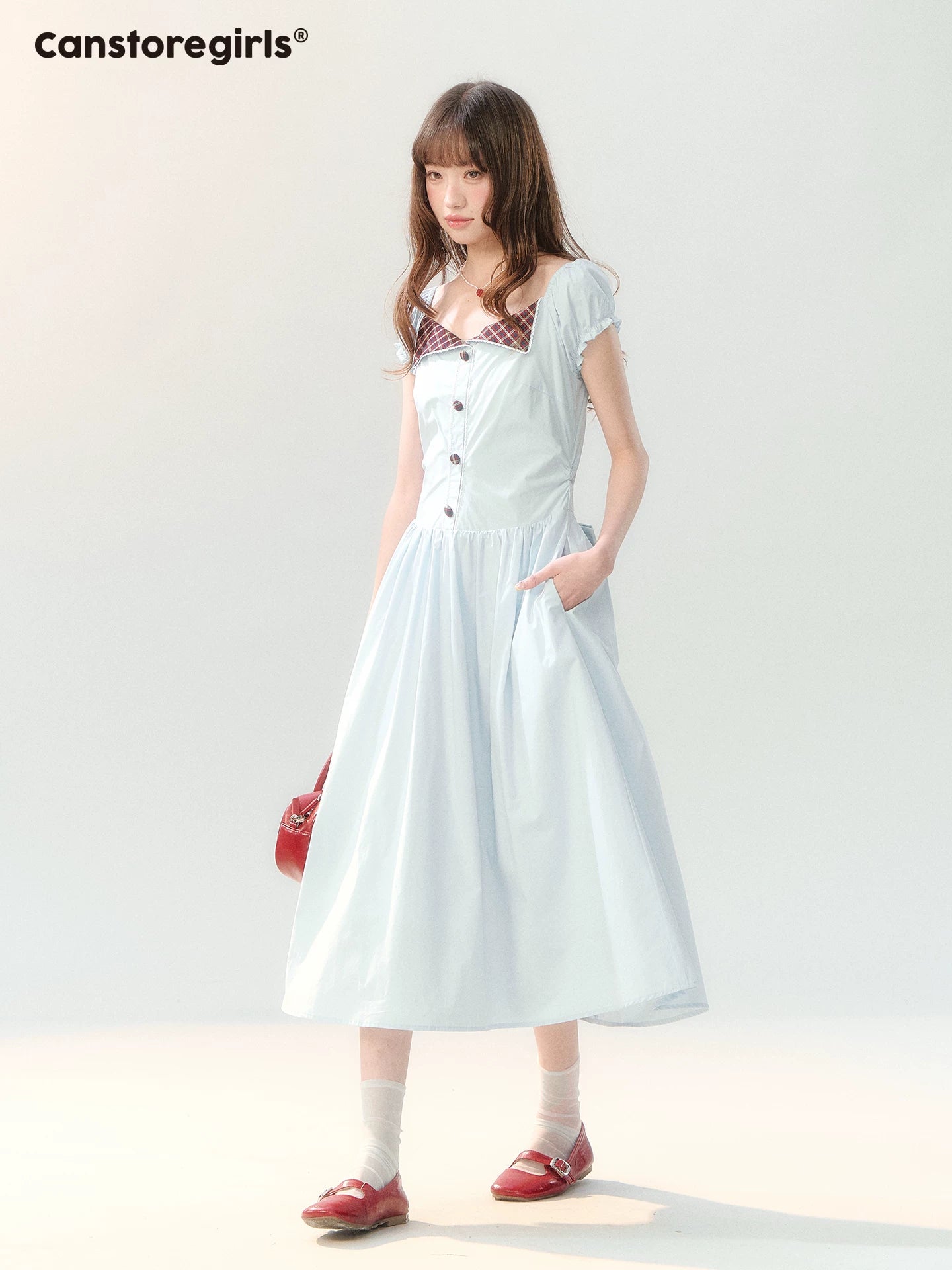 "Sakura Breeze Journal" Sea Blue Plaid Collar Dress LL2026226