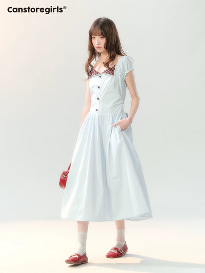 "Sakura Breeze Journal" Sea Blue Plaid Collar Dress LL2026226