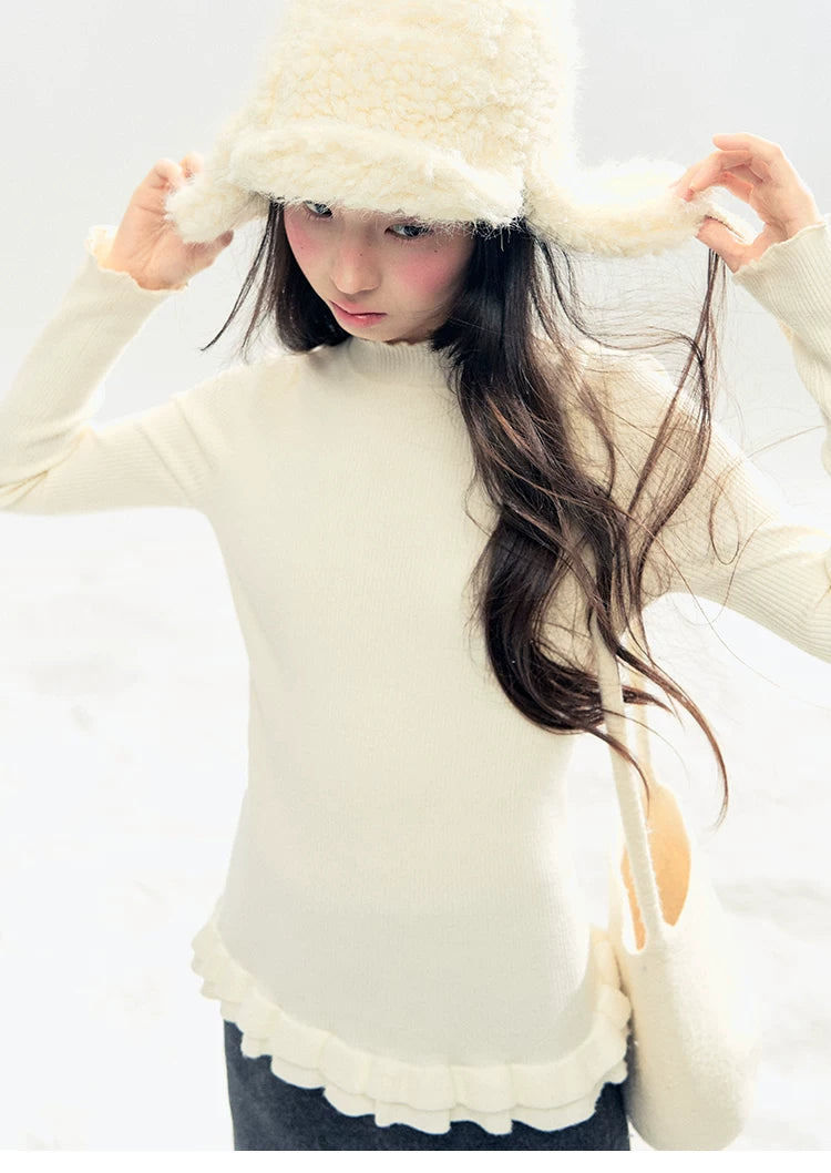 "Soft Whisper" Ruffle Mock Neck Ribbed Knit Top (Ivory/ Smoky Gray)