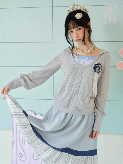DAILY ARTIST - Light Blue Color-Block Floral Lace-Trim A-Line Skirt