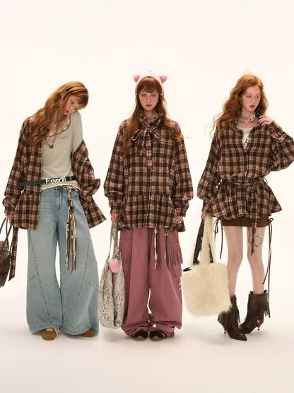 MAMC - Brown Bow Plaid Shirt Dress