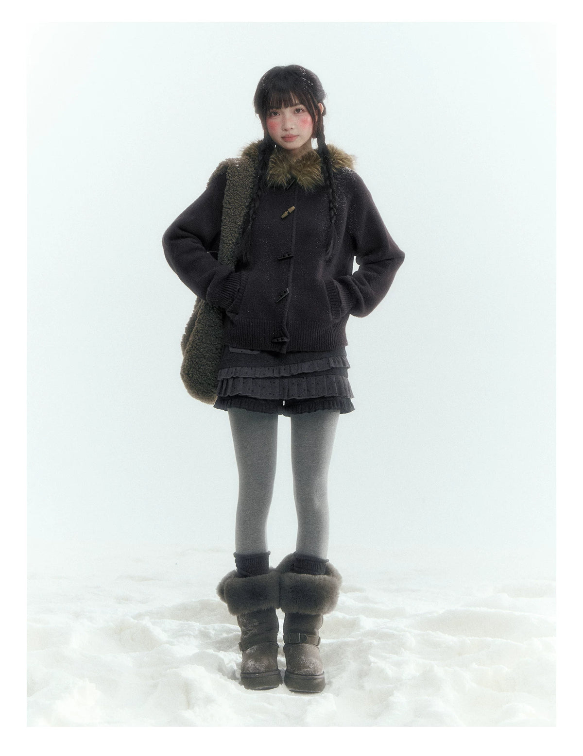 Horridale - Dark Coffee Brown Hooded Knit Cardigan with Detachable Faux Fur Collar