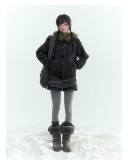 Horridale - Dark Coffee Brown Hooded Knit Cardigan with Detachable Faux Fur Collar