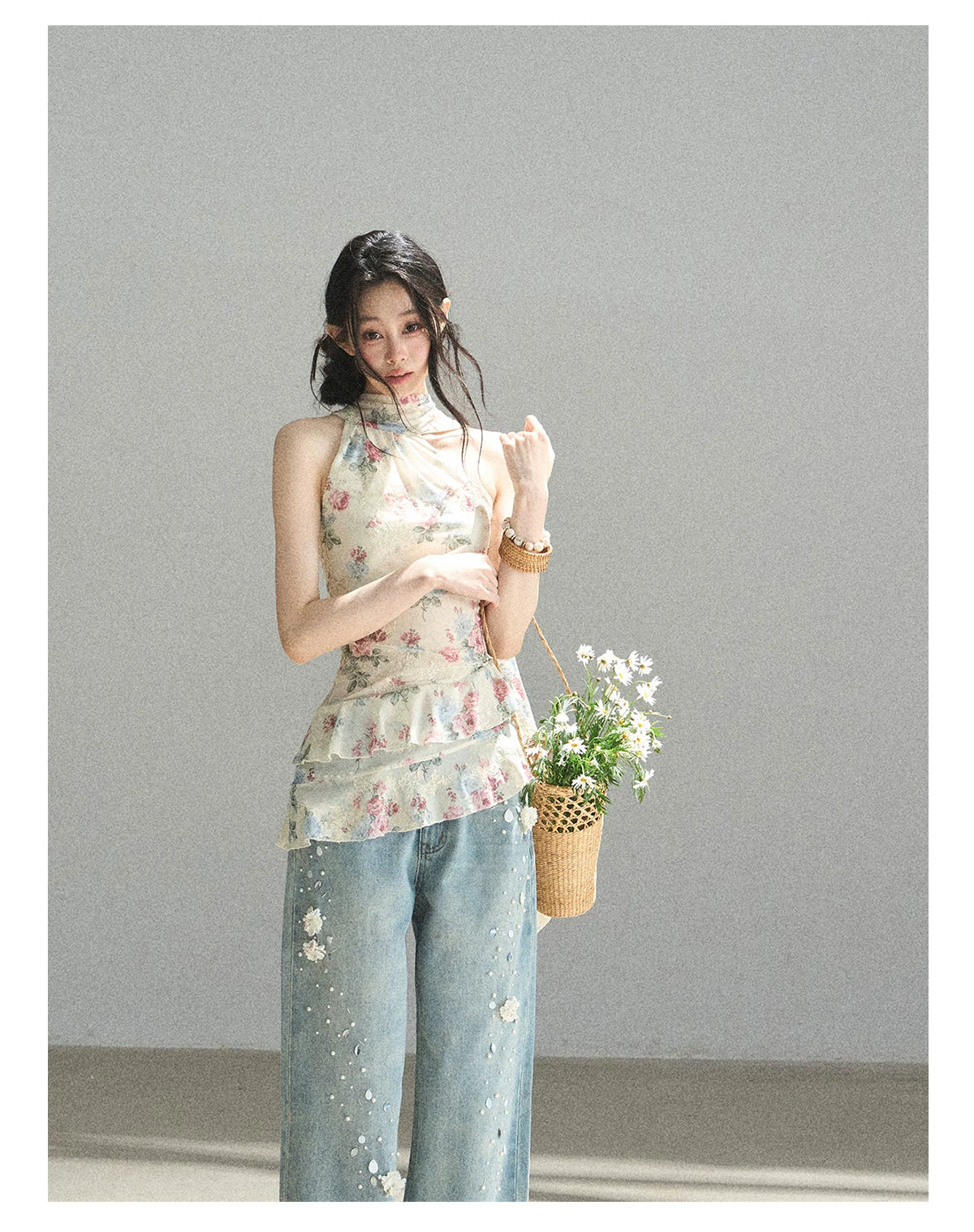 "Flowers & Sunlight" Dutch Cream Off-Shoulder Mesh Top