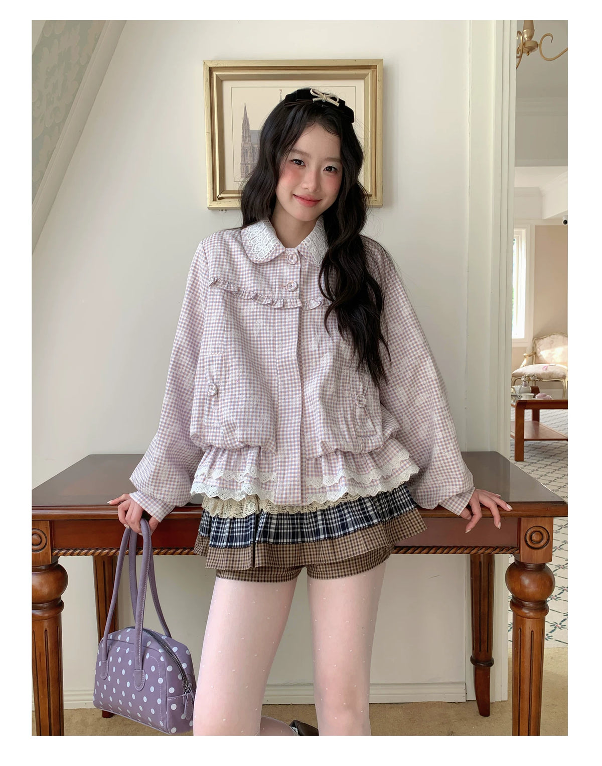 [RF] “Cream Garden Reverie” Light Purple Plaid Ruffle Lace-Trim Jacket