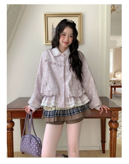 [RF] “Cream Garden Reverie” Light Purple Plaid Ruffle Lace-Trim Jacket