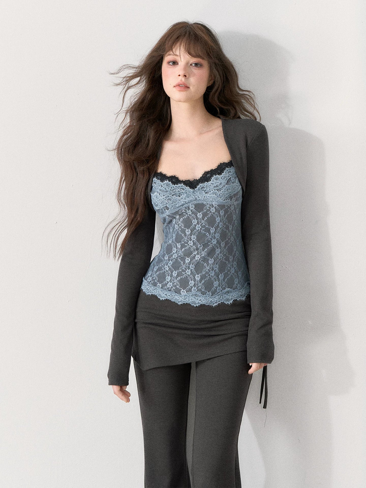 [TMMG] Lace-Trimmed Layered Knit Top & Flared Pants Set