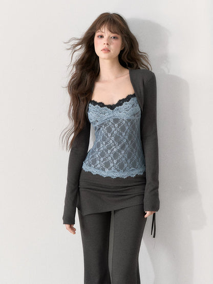 [TMMG] Lace-Trimmed Layered Knit Top & Flared Pants Set