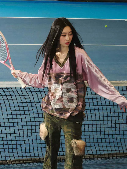 JN's DESIGN - Pink & Camo Lace-Trim V-Neck Jersey Top
