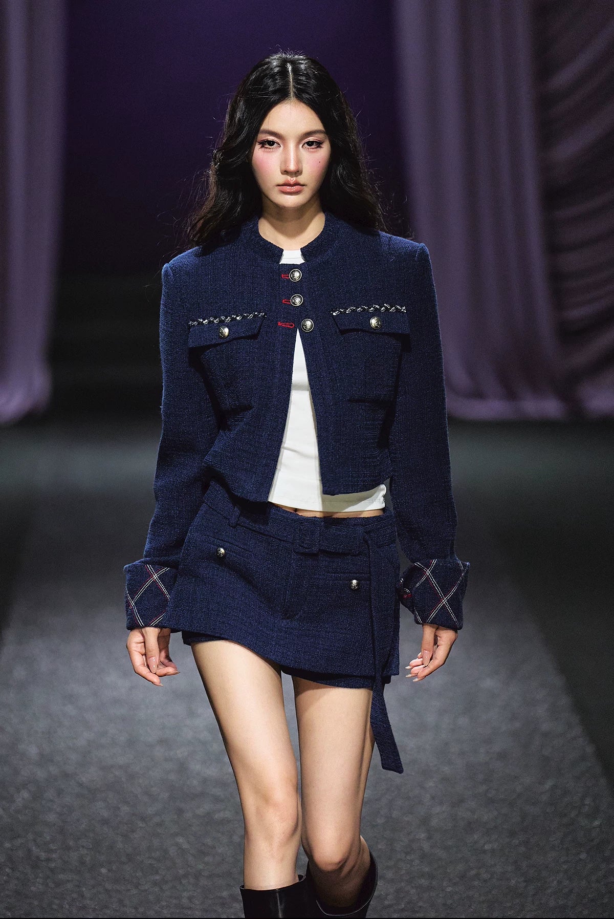"Midnight Atelier" Navy Wool Quilted Jacket & A-Line Skort Set