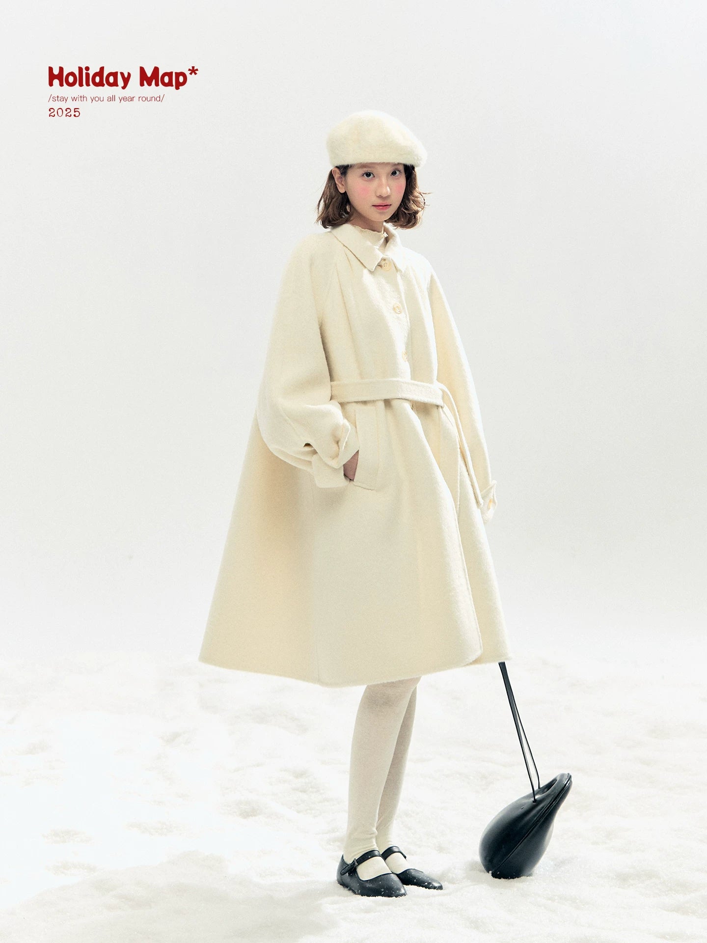 "Black & White Waltz" Hand-Stitched Wool-Blend Swing Coat (Ivory/ Black)