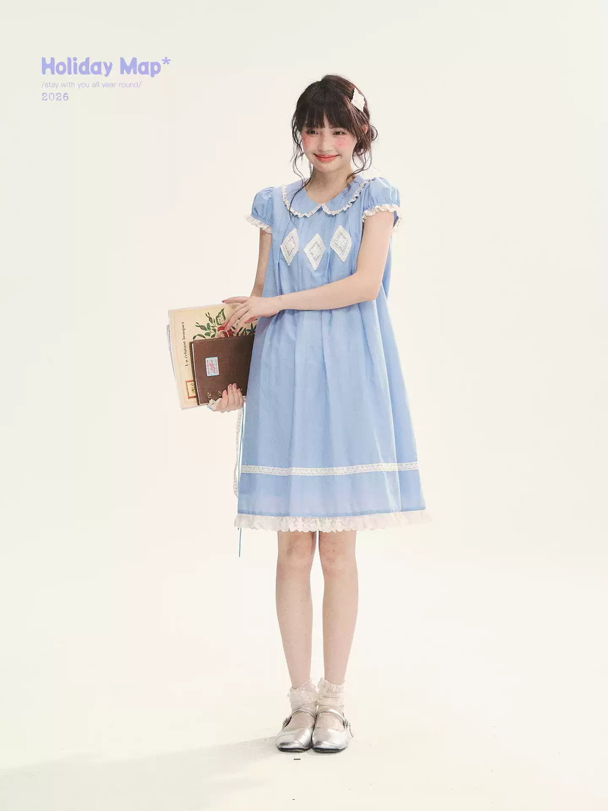 "Sweet Tea Doll" Haze Blue Lace Puff Sleeve Peter Pan Collar A-Line Dress