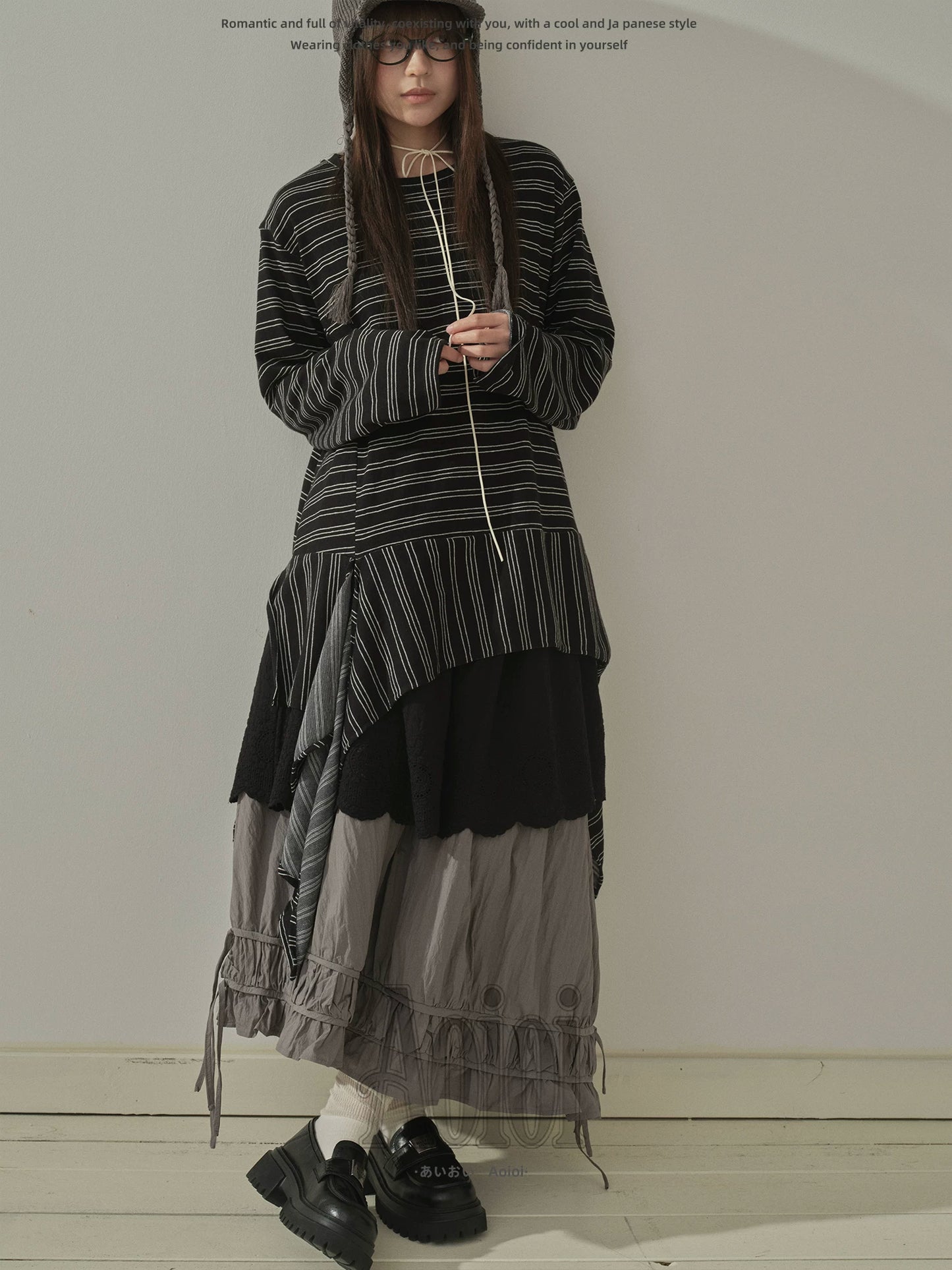 "Vintage Rhythm" Asymmetrical Knit Stripe Long Sleeve T-Shirt (Black / Gray)