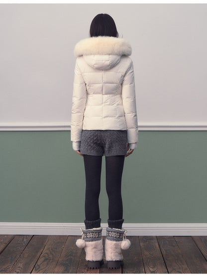 Soote Season - Milk White Cropped Hooded Slim Down Jacket with Detachable Fur Collar