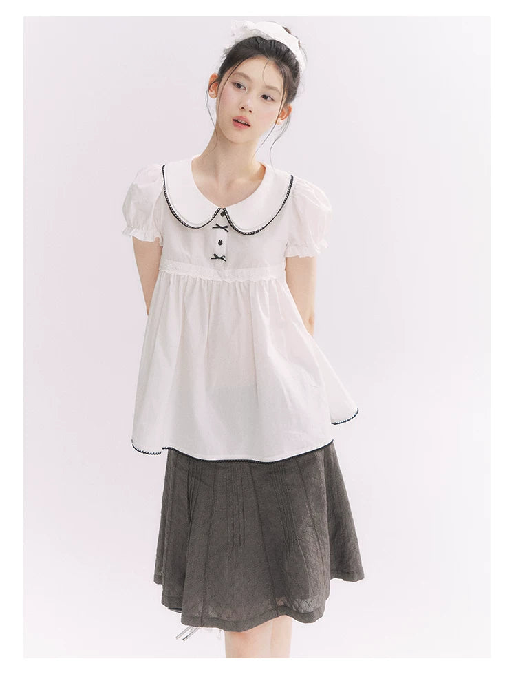 “Misty Texture” Gray Plaid Trim Embroidered A-Line Skirt