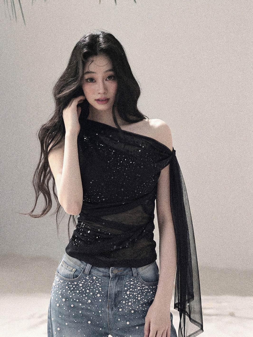 “Frosted Kiss” Quiet Black Crystal Mesh Sleeveless Top