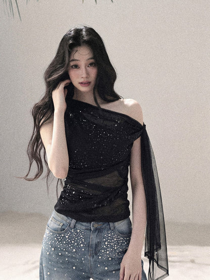 “Frosted Kiss” Quiet Black Crystal Mesh Sleeveless Top