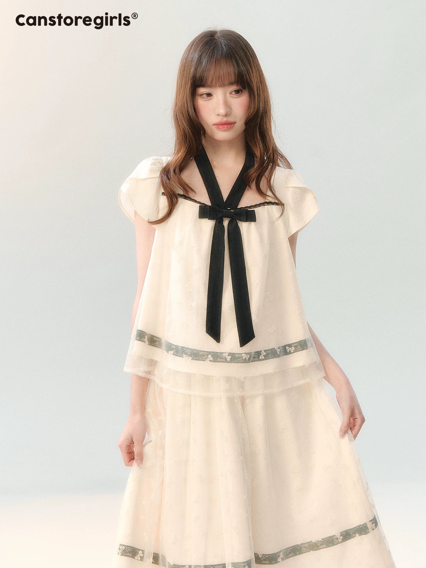 "Velvet Bow Butterfly" Apricot Flocked Tulle Skirt Set PP2026231