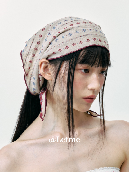 Beige Floral Print Triangle Headscarf – Vintage Neckerchief Bandana