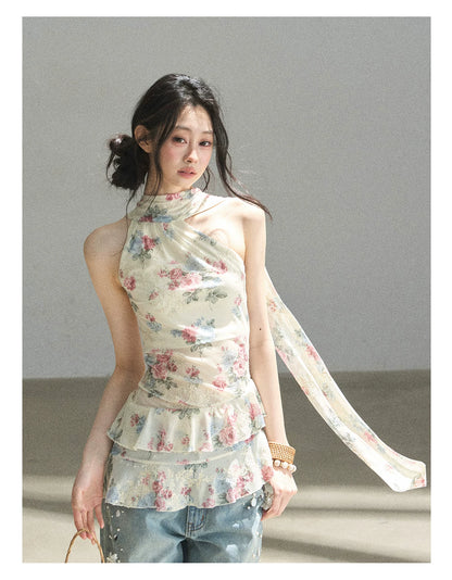 "Flowers & Sunlight" Dutch Cream Off-Shoulder Mesh Top